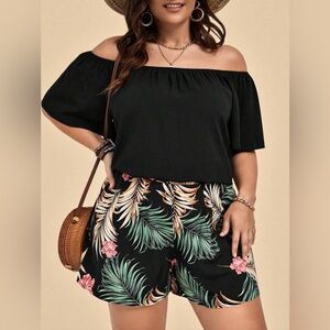 Off-Shoulder Black Top with Tropical Print Shorts